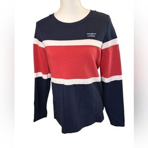 L.L. Bean Womens Navy and Red Striped Crew classic knot pullover Small